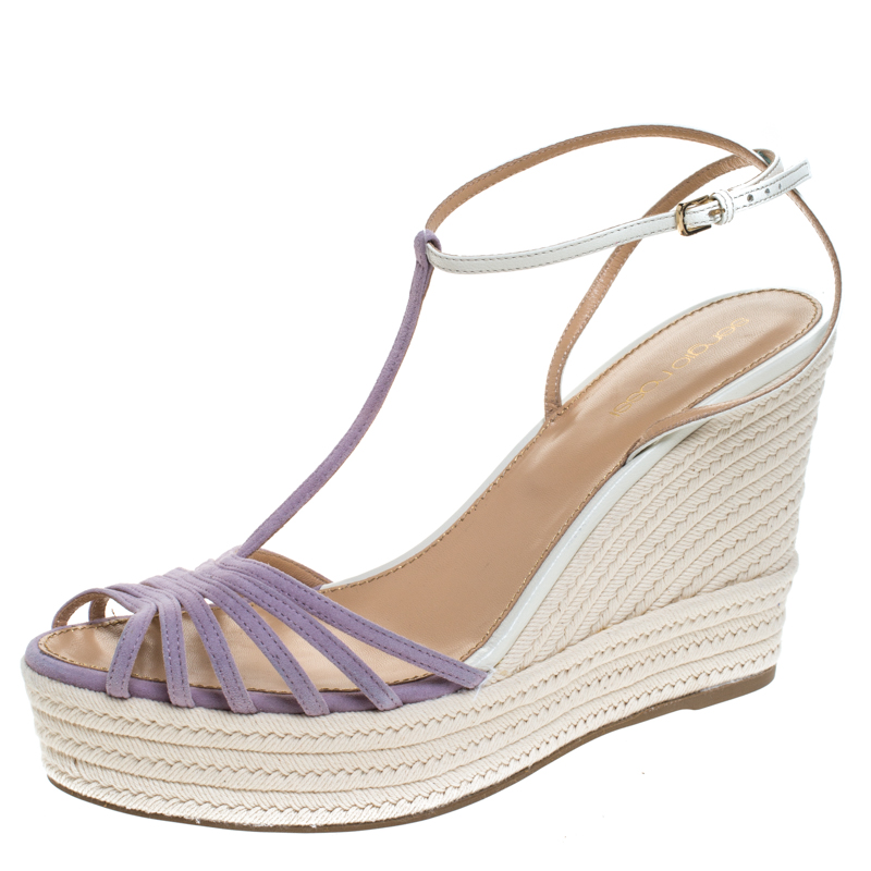 Sergio Rossi Lavender/White Suede And Leather T-Strap Wedge Sandals Size 39.5