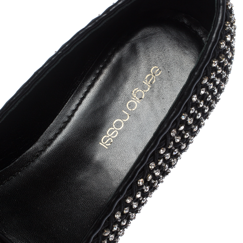 Sergio Rossi Black Crystal Embellished Fabric Bow Detail Flat Loafers Size 36.5