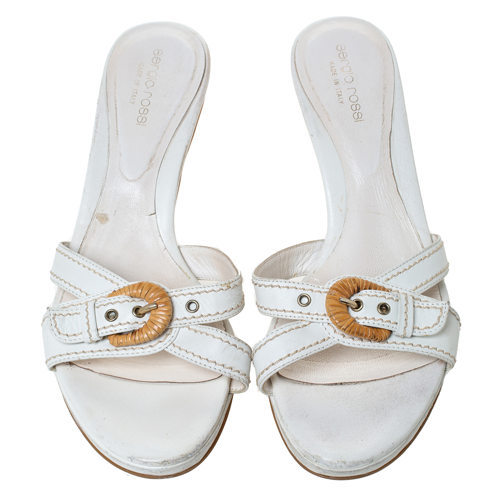 Sergio Rossi White Leather Buckle Detail Platform Slide Sandals Size 39.5