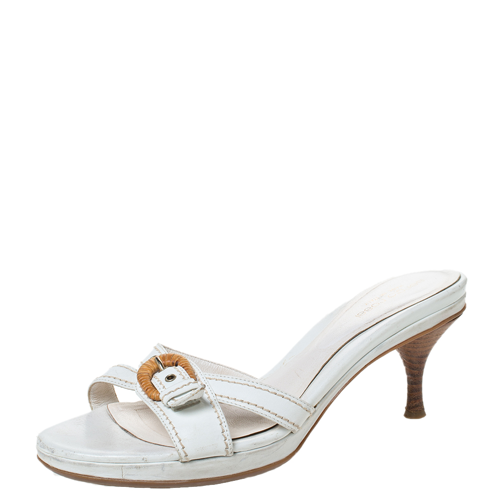 Sergio Rossi White Leather Buckle Detail Platform Slide Sandals Size 39.5