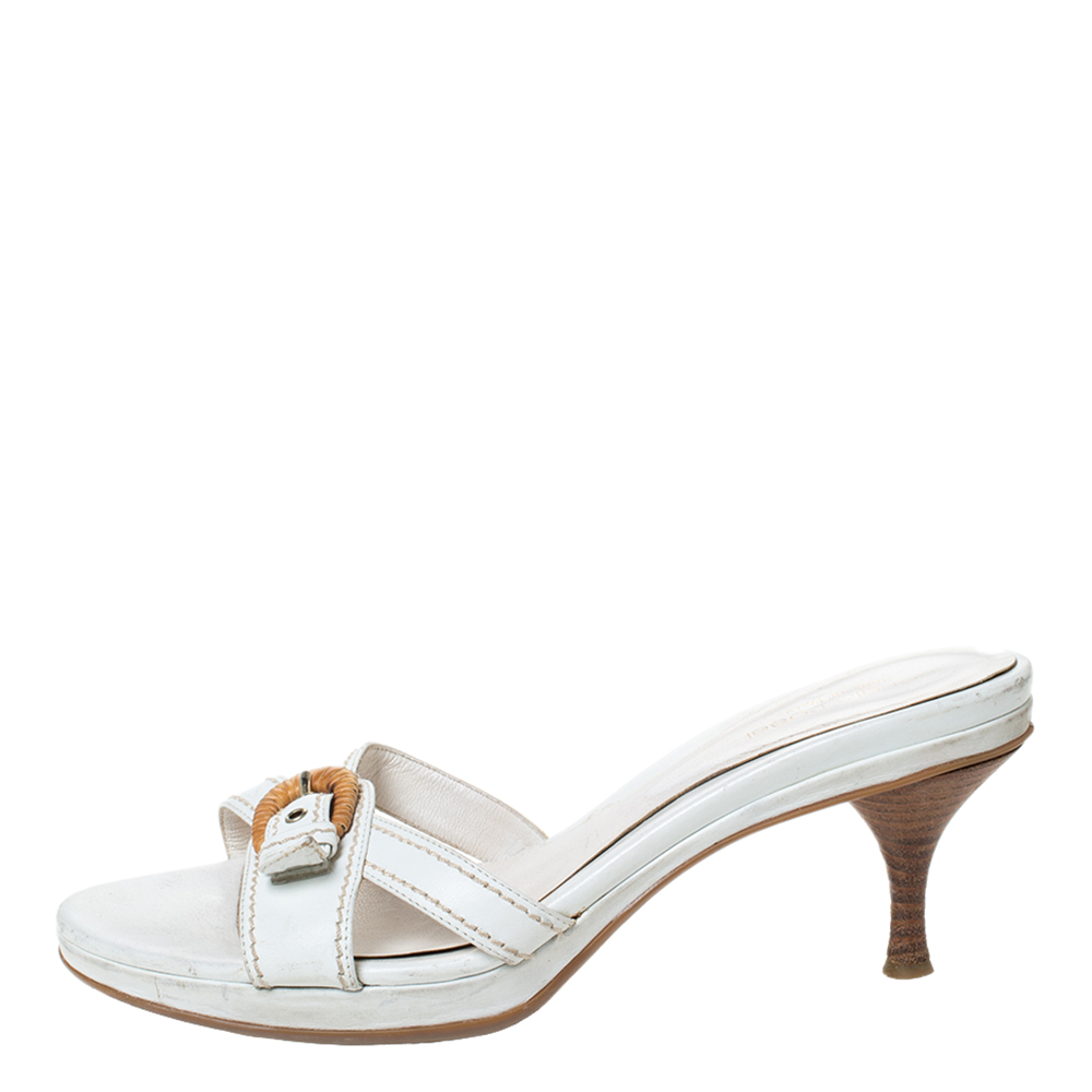 Sergio Rossi White Leather Buckle Detail Platform Slide Sandals Size 39.5