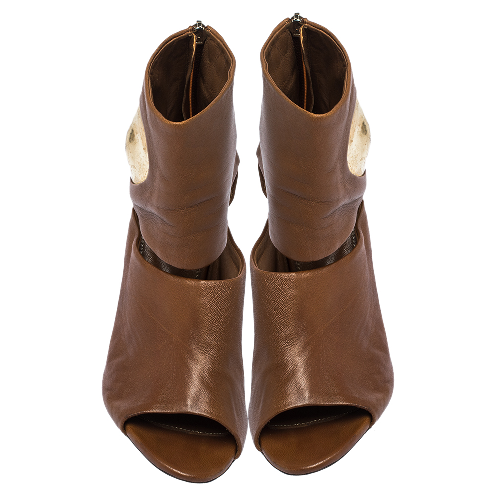 Sergio Rossi Brown/Gold Leather Cut Out Booties Size 36