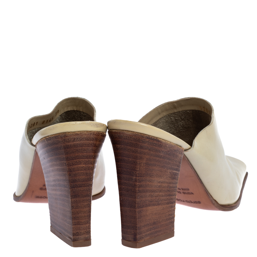 Sergio Rossi Cream Leather Block Heel Square Toe Mules Size 39