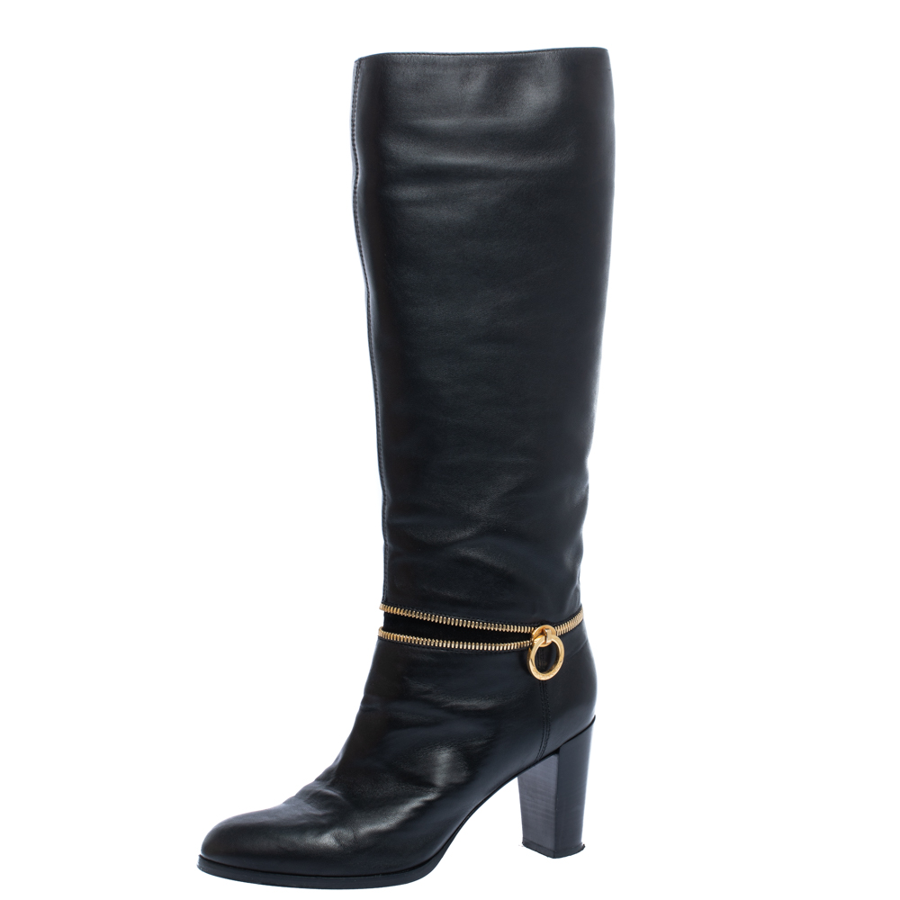 Image of Sergio Rossi Black Leather Zip Detail Knee High Block Heel Boots Size
