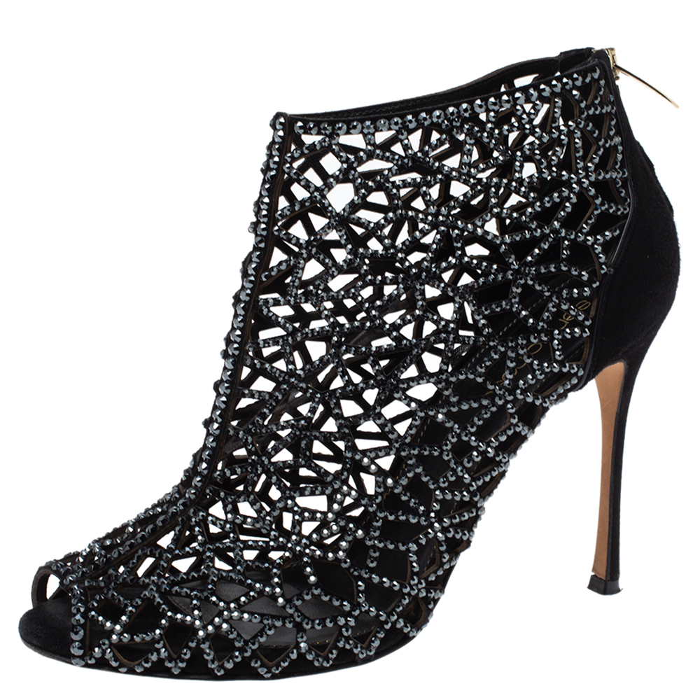 Image of Sergio Rossi Black Crystal Embellished Suede Cutout Peep Toe Ankle Boots Size .