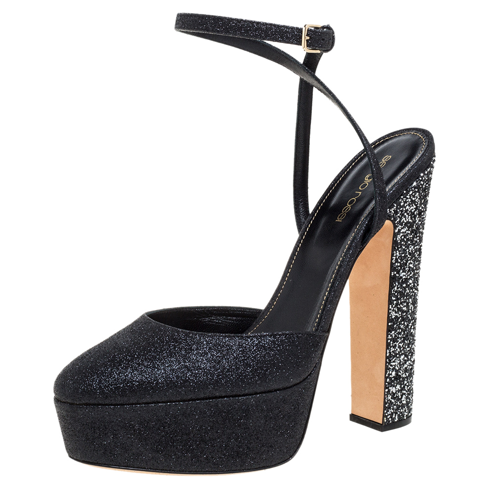 Image of Sergio Rossi Black Coarse Glitter Freda Round Toe Sandals Size