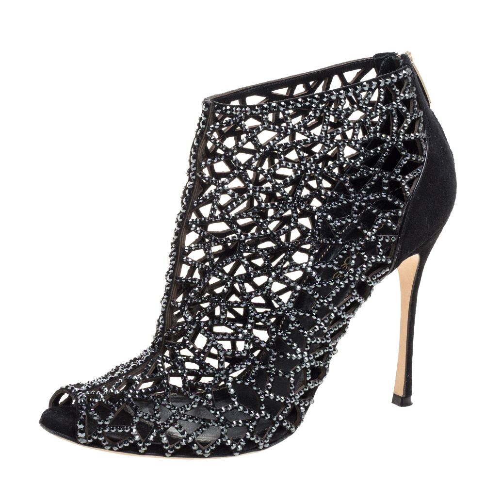 Image of Sergio Rossi Black Crystal Embellished Suede Cutout Peep Toe Ankle Boots Size