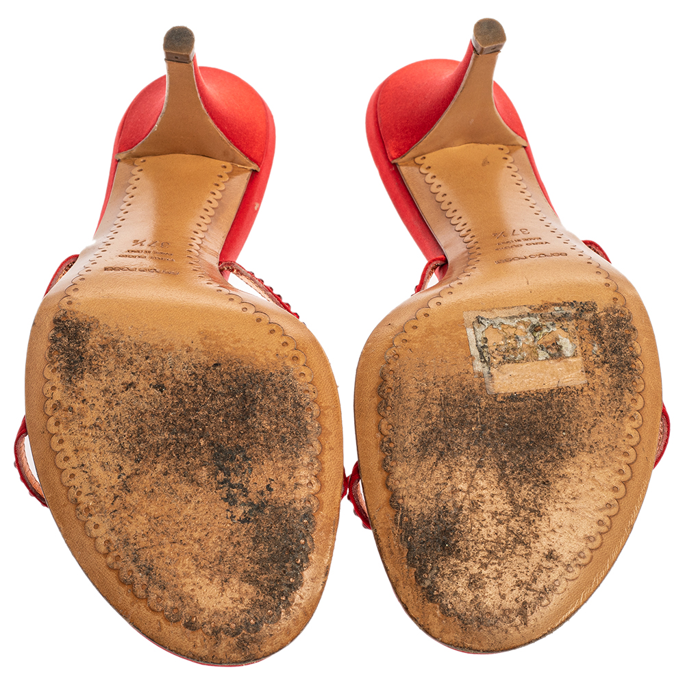 Sergio Rossi Red Satin Crystal Embellished Slip On Sandals Size 37.5