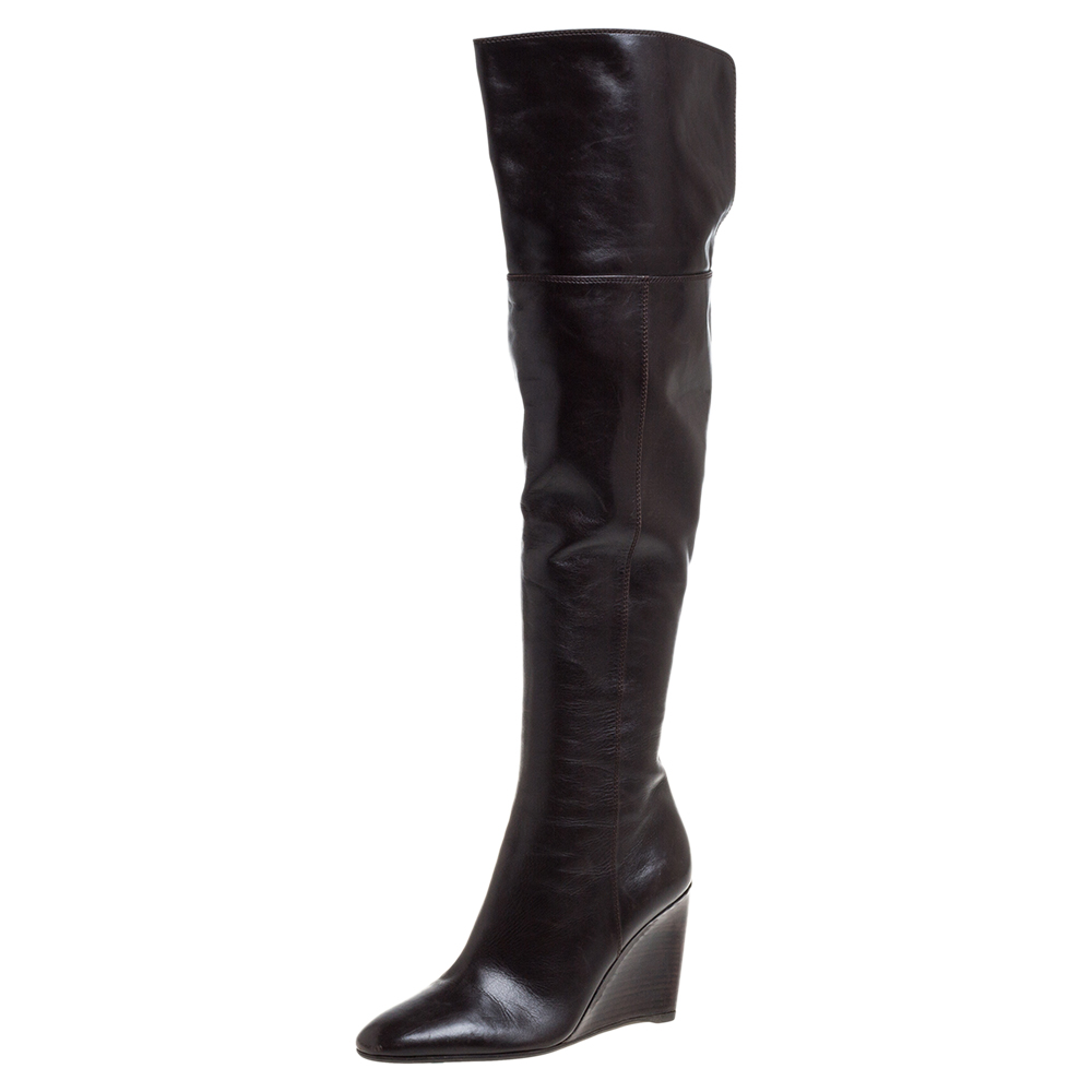 Image of Sergio Rossi Dark Brown Leather Over the Knee Wedge Boots Size