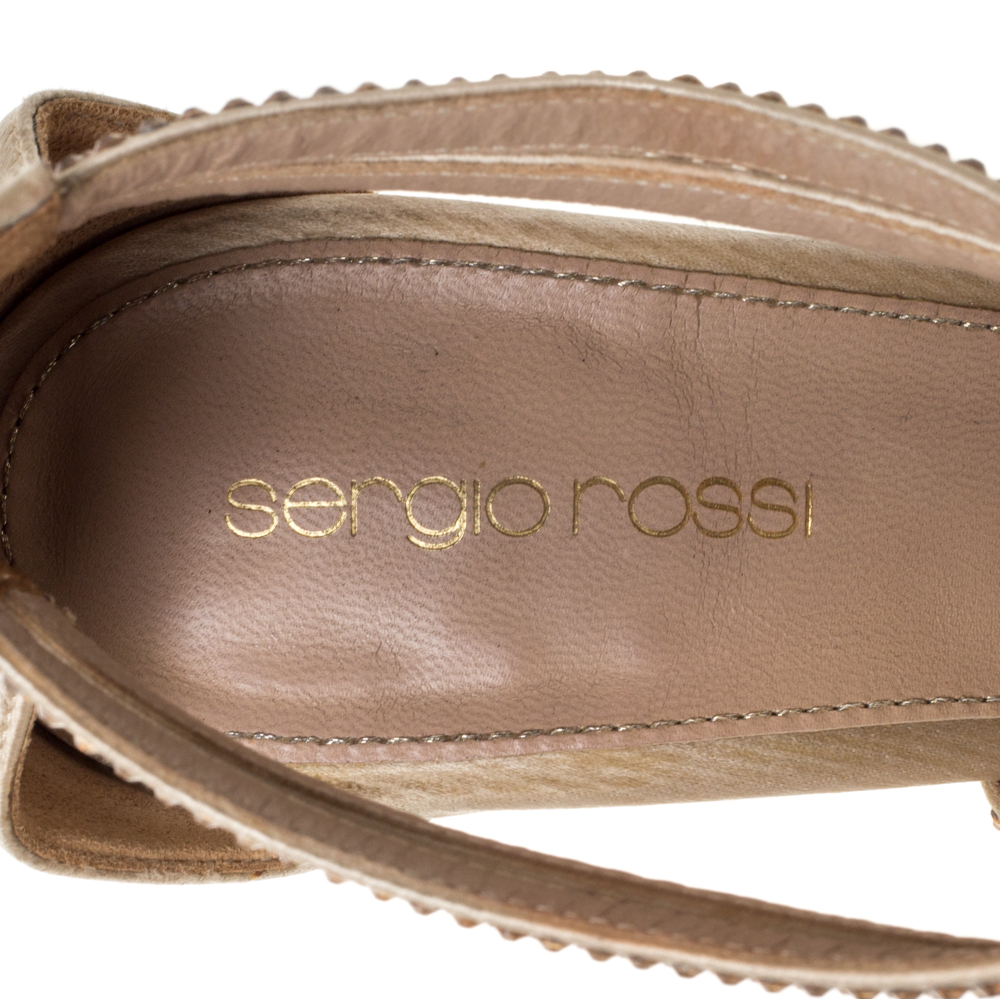 Sergio Rossi Beige Satin Crystal Embellished Strappy Platform Sandals Size 39