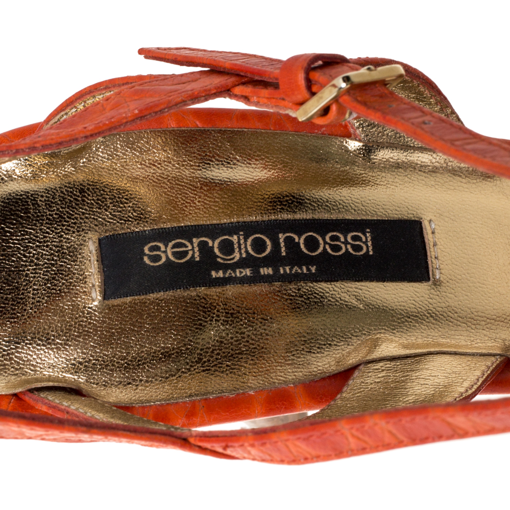 Sergio Rossi Orange Croc Embossed Leather Slingback Sandals Size 40