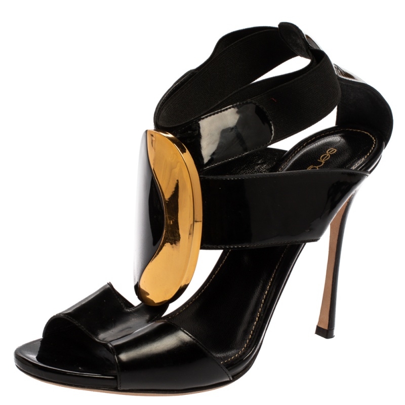 Image of Sergio Rossi Black/Gold Patent Leather Peep Toe Sandals Size
