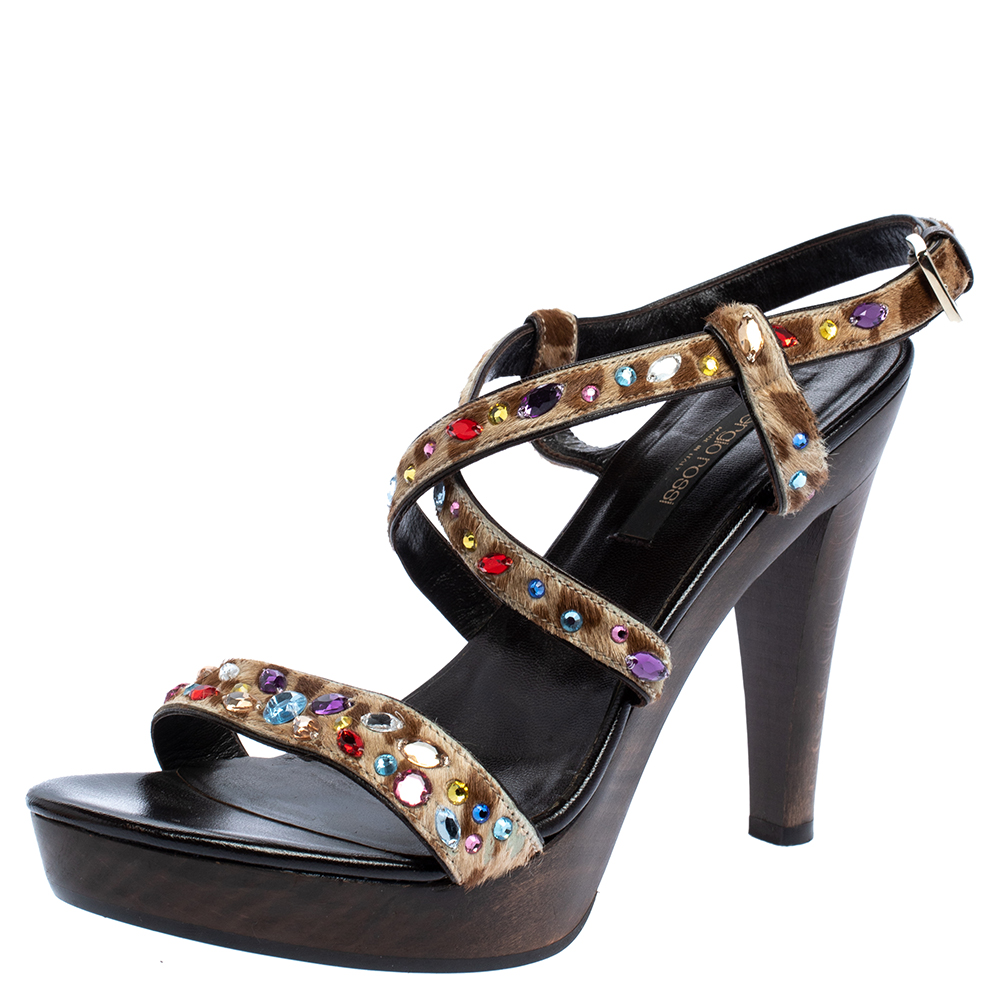 Image of Sergio Rossi Brown Calf Hair Jewel Embellished Ankle strap Clog Sandals Size