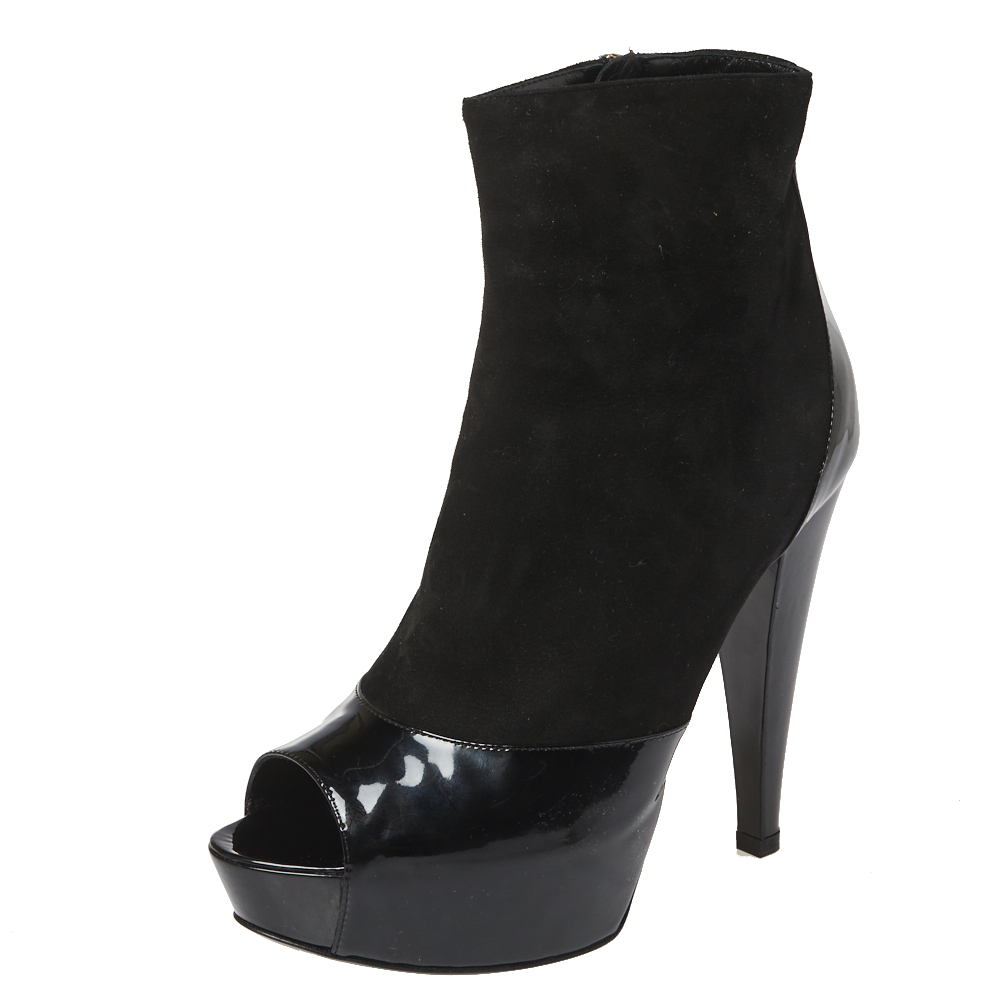 Image of Sergio Rossi Black Patent And Suede Leather Baltimora Peep Toe Platform Ankle Boots Size .