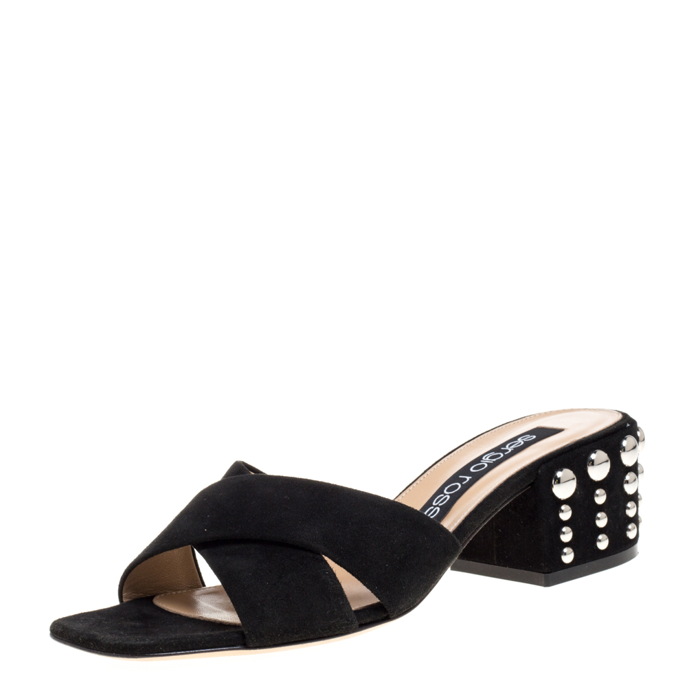 Image of Sergio Rossi Black Suede Studded Criss Cross Sandals Size