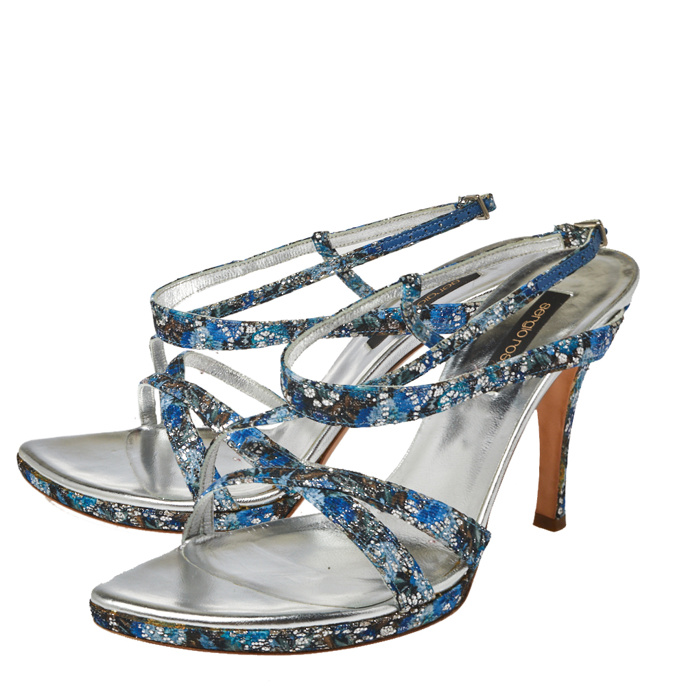 Sergio Rossi Blue Glittered Fabric Strappy Sandals Size 40