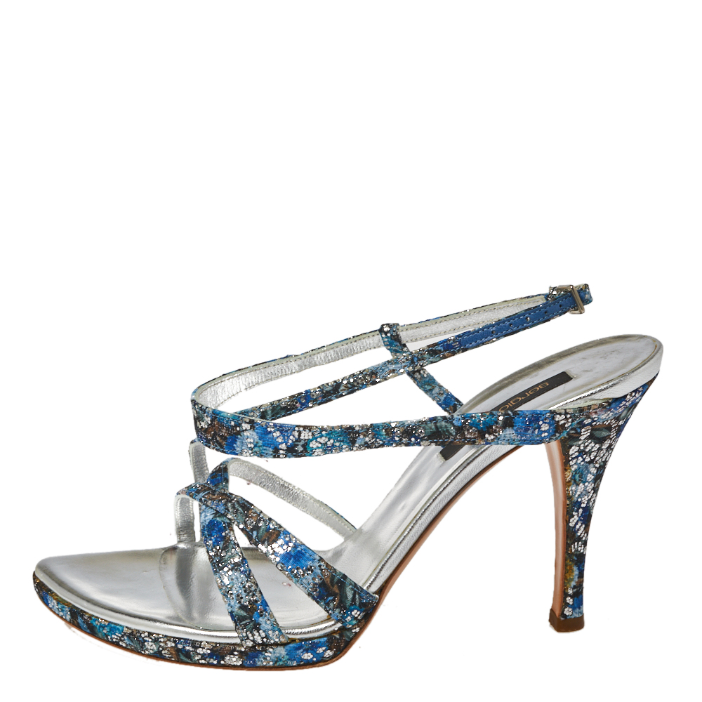 Sergio Rossi Blue Glittered Fabric Strappy Sandals Size 40