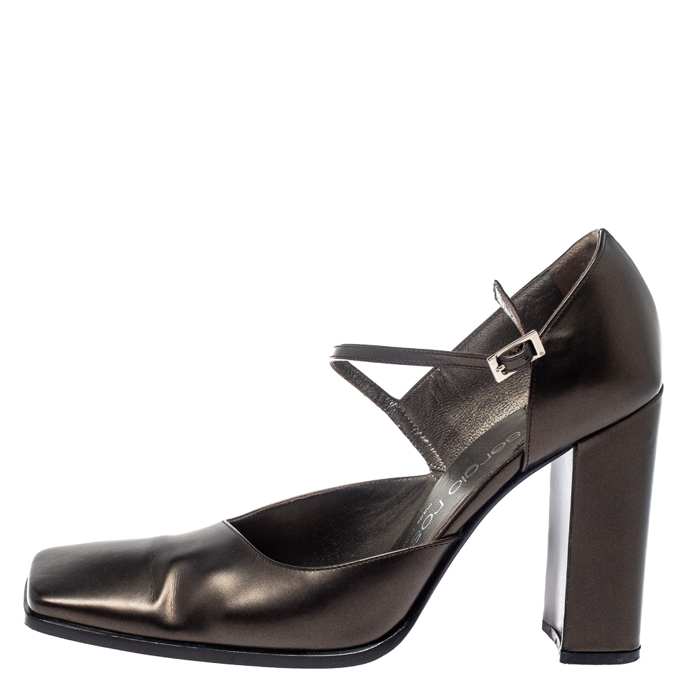 Sergio Rossi Dark Grey Leather Ankle Strap Square Toe Pumps Size 37.5