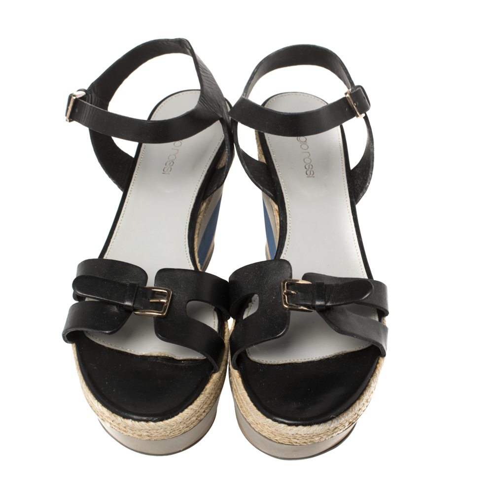 Sergio Rossi Black Leather Wedge Espadrille Ankle Strap Sandals Size 40
