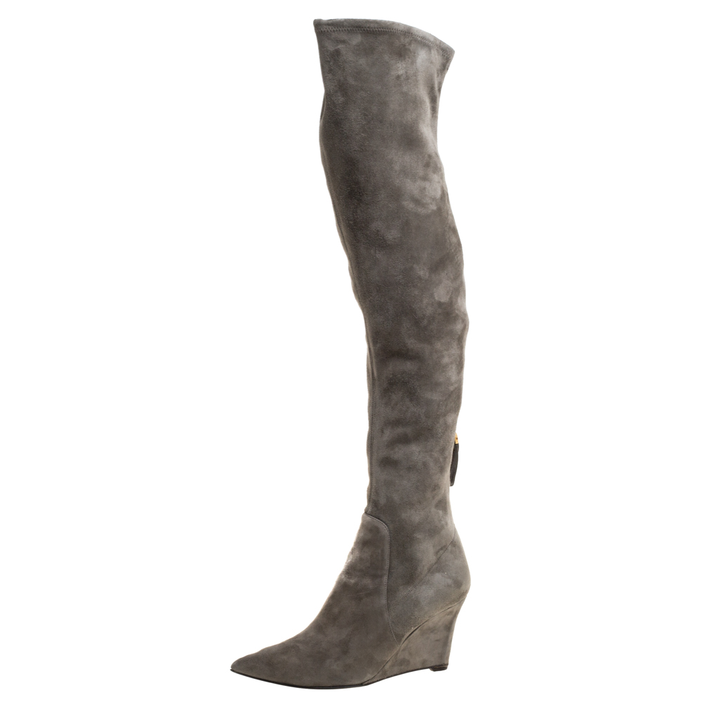 Image of Sergio Rossi Grey Suede Over The Knee Wedge Boots Size .