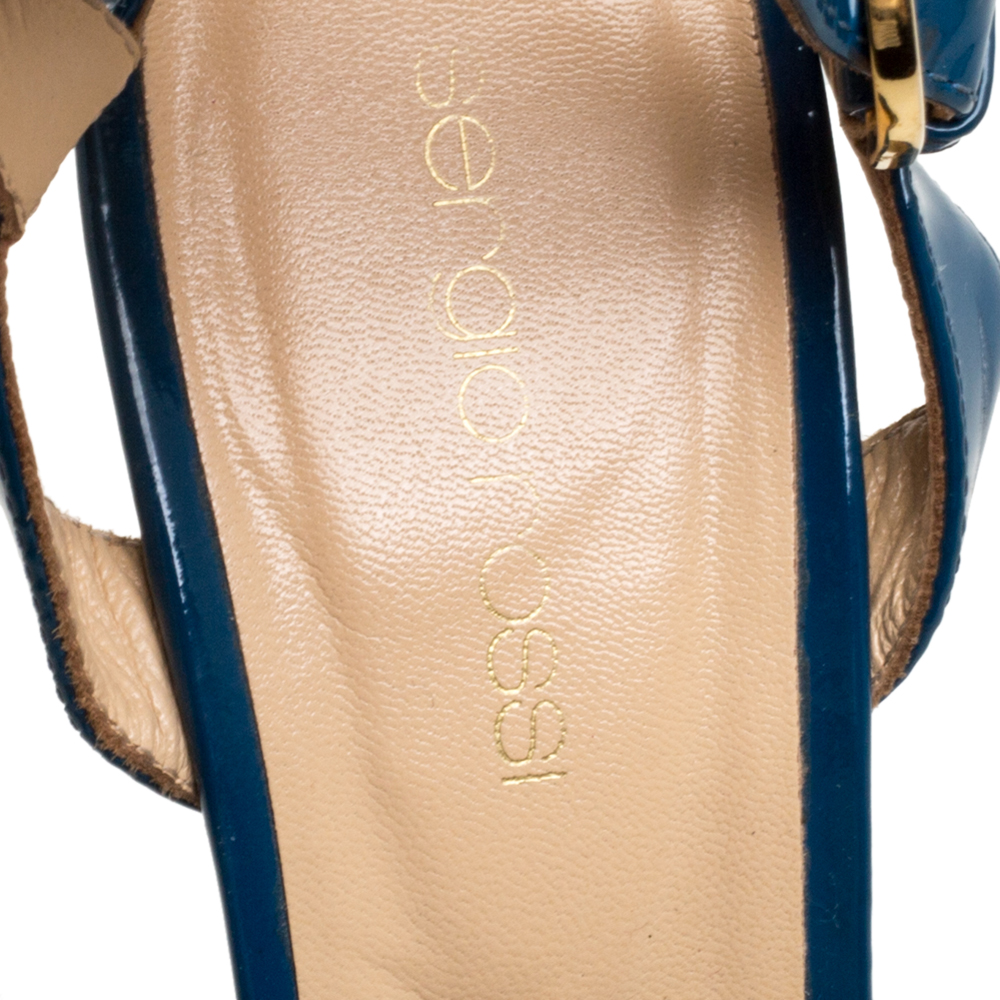 Sergio Rossi Blue Patent Leather Platform Peep Toe Ankle Strap Sandals 37