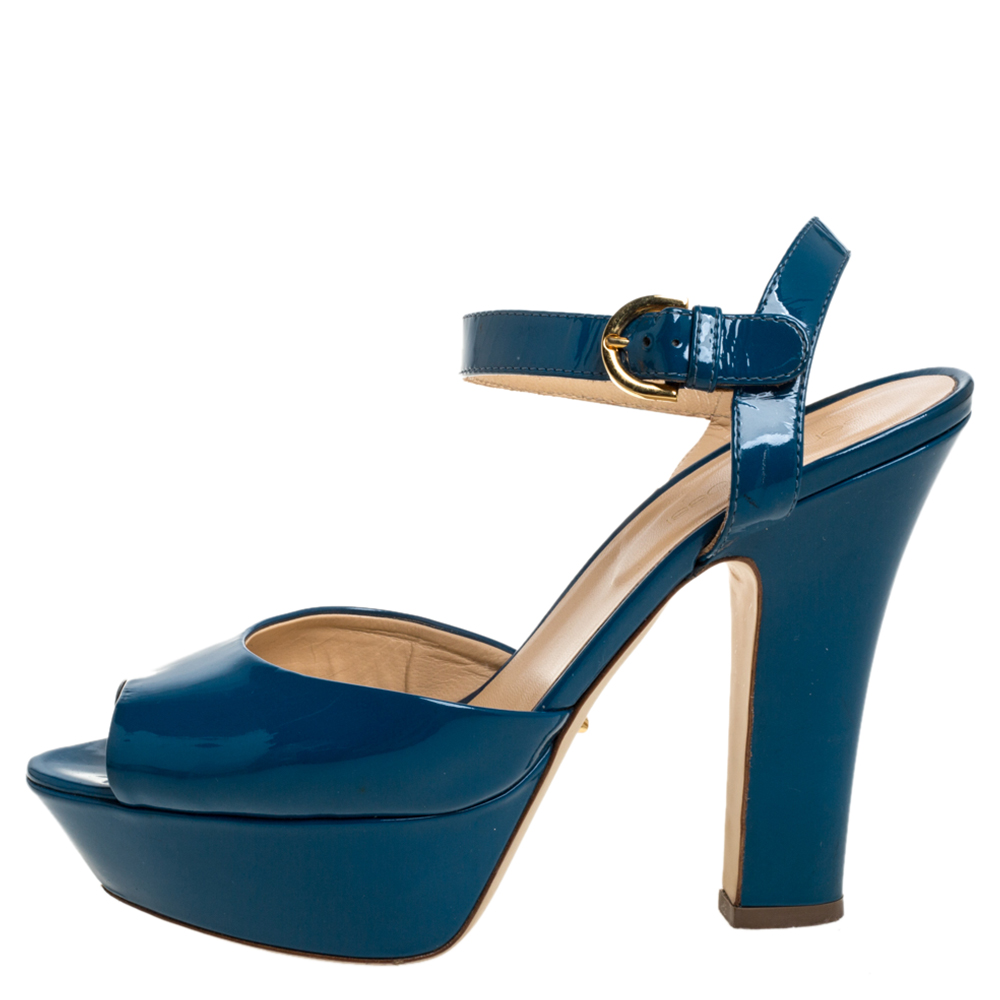 Sergio Rossi Blue Patent Leather Platform Peep Toe Ankle Strap Sandals 37