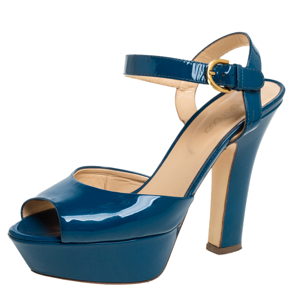 Sergio rossi blue patent leather platform peep toe ankle strap sandals 37