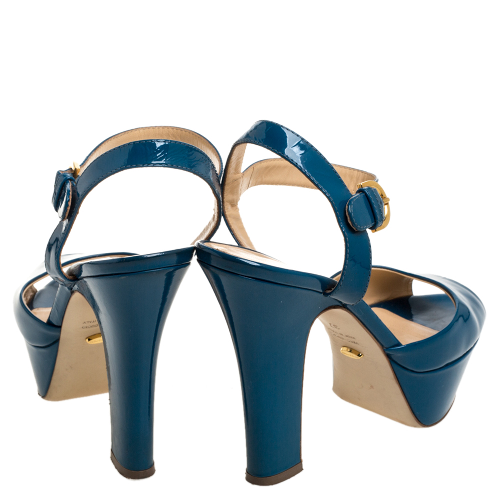 Sergio Rossi Blue Patent Leather Platform Peep Toe Ankle Strap Sandals 37