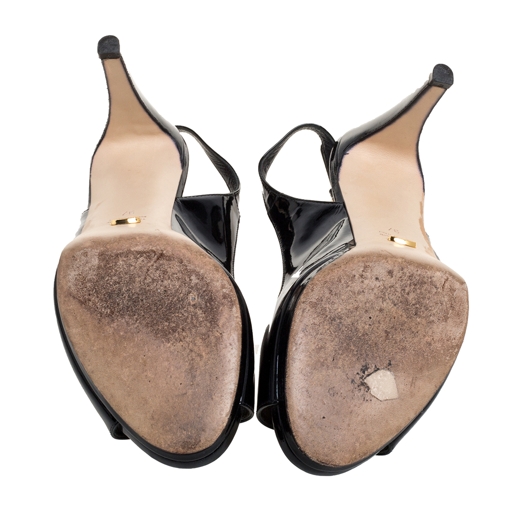 Sergio Rossi Black Patent Leather Peep Toe Slingback Sandals Size 37