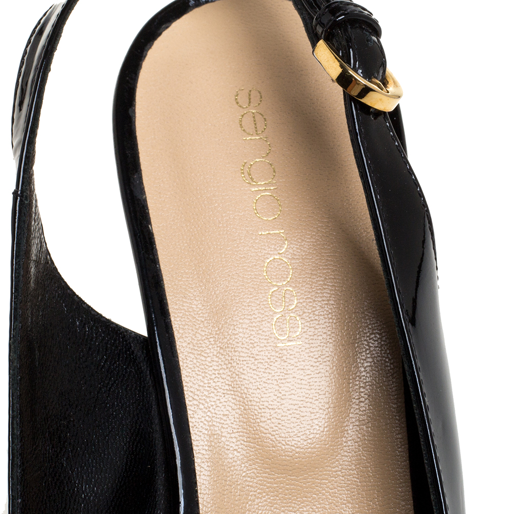 Sergio Rossi Black Patent Leather Peep Toe Slingback Sandals Size 37