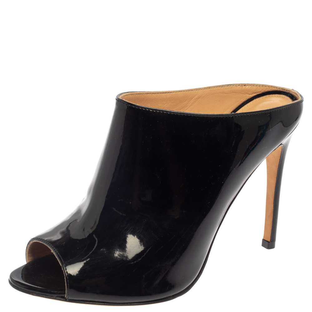 Sergio Rossi Black Patent Leather Mule Sandals Size 37.5