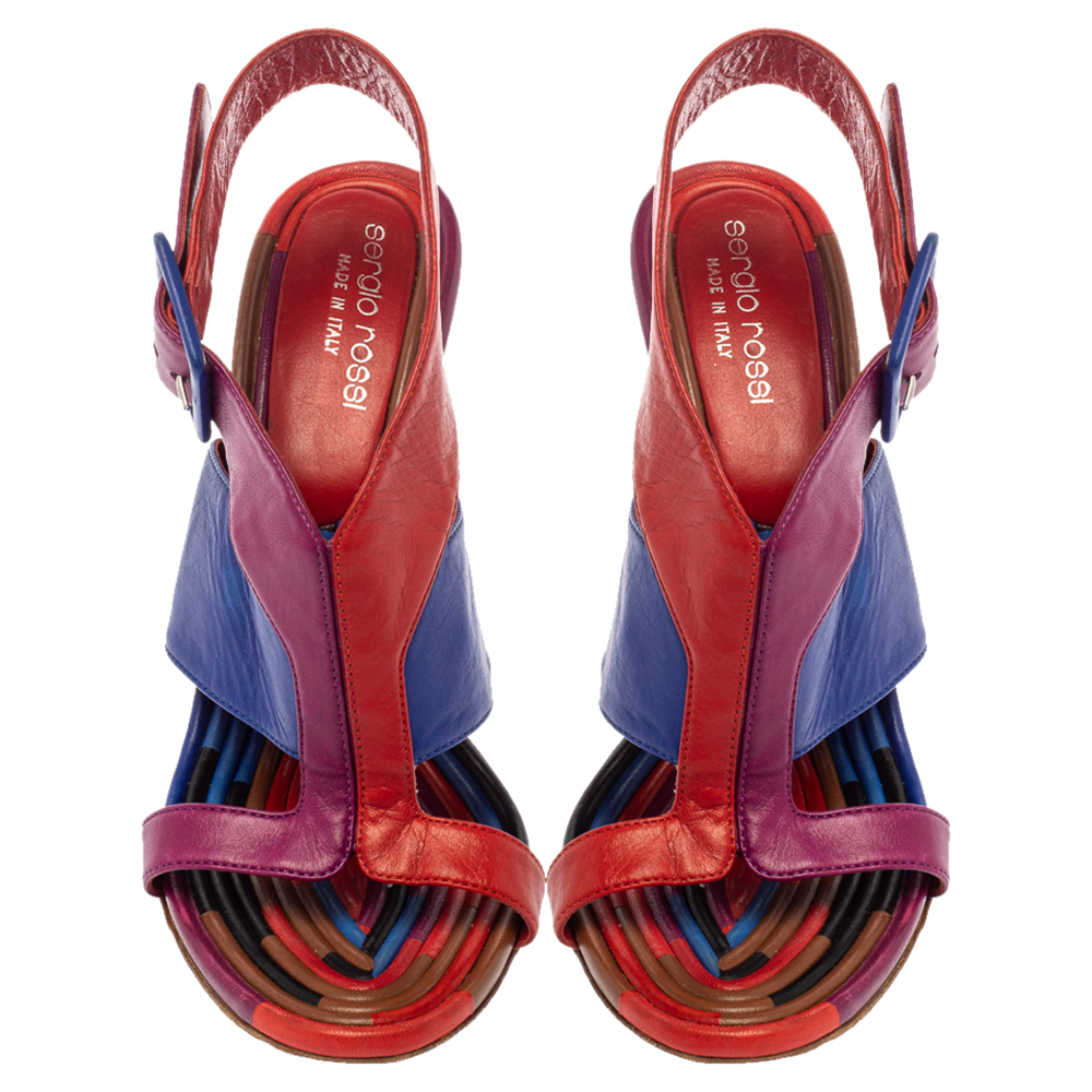 Sergio Rossi Multicolor Leather Buckle Slingback Sandals Size 37.5