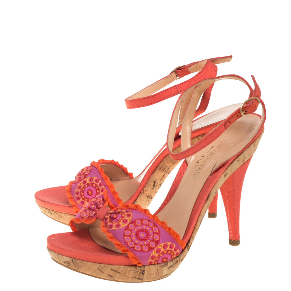 Sergio Rossi Orange Embroidered Strap Sandals Size 37.5