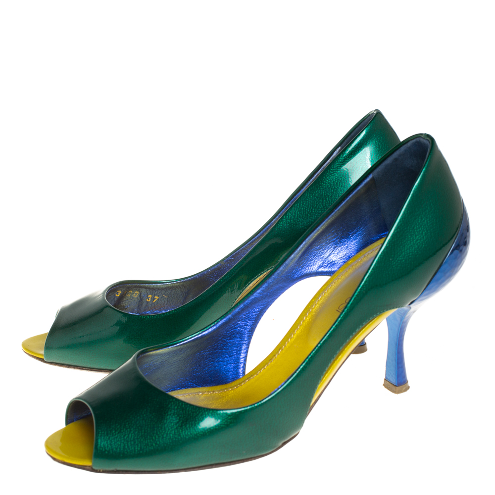 Sergio Rossi Green/Blue Patent Leather Peep Toe Pump Size 37