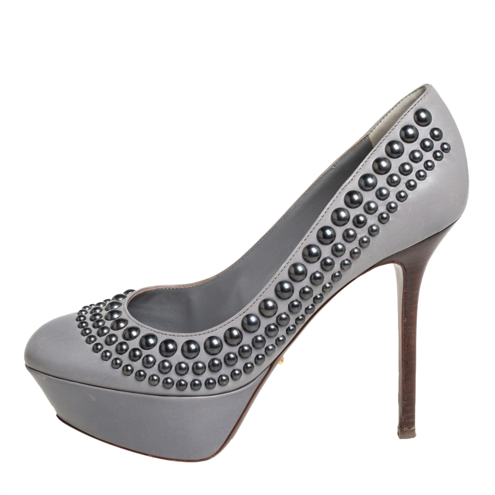 Sergio Rossi Grey Leather Studded Platform Pumps Size 37