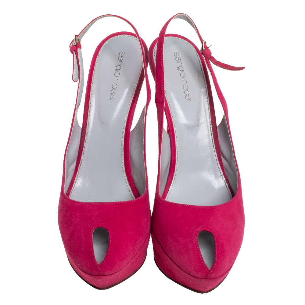 Sergio Rossi Pink Suede Cachet Peep Toe Platform Slingback Sandals Size 39