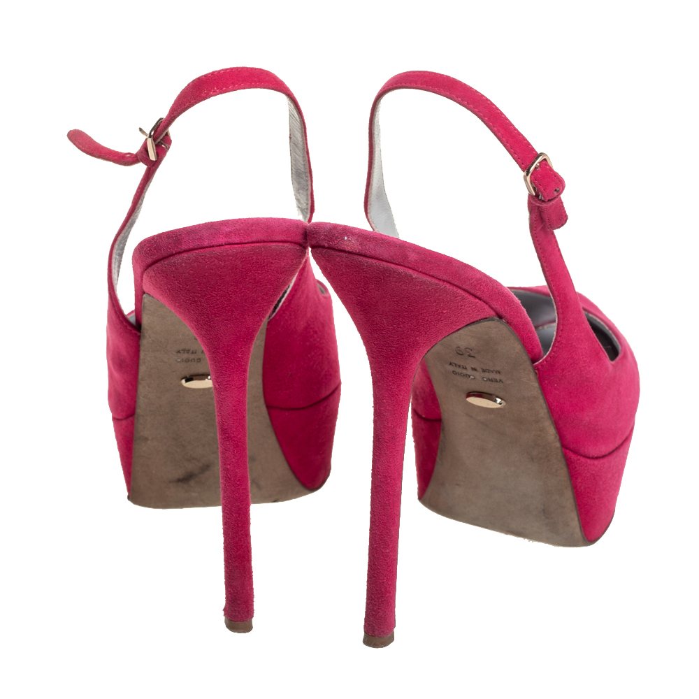 Sergio Rossi Pink Suede Cachet Peep Toe Platform Slingback Sandals Size 39