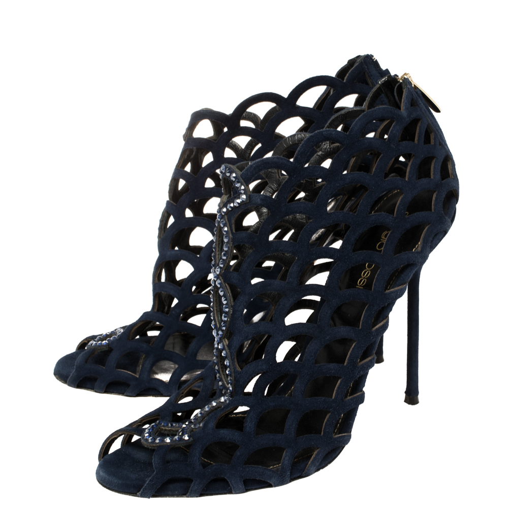 Sergio Rossi Blue Suede Crystal Embellished Scalloped Peep Toe Caged Booties Size 39