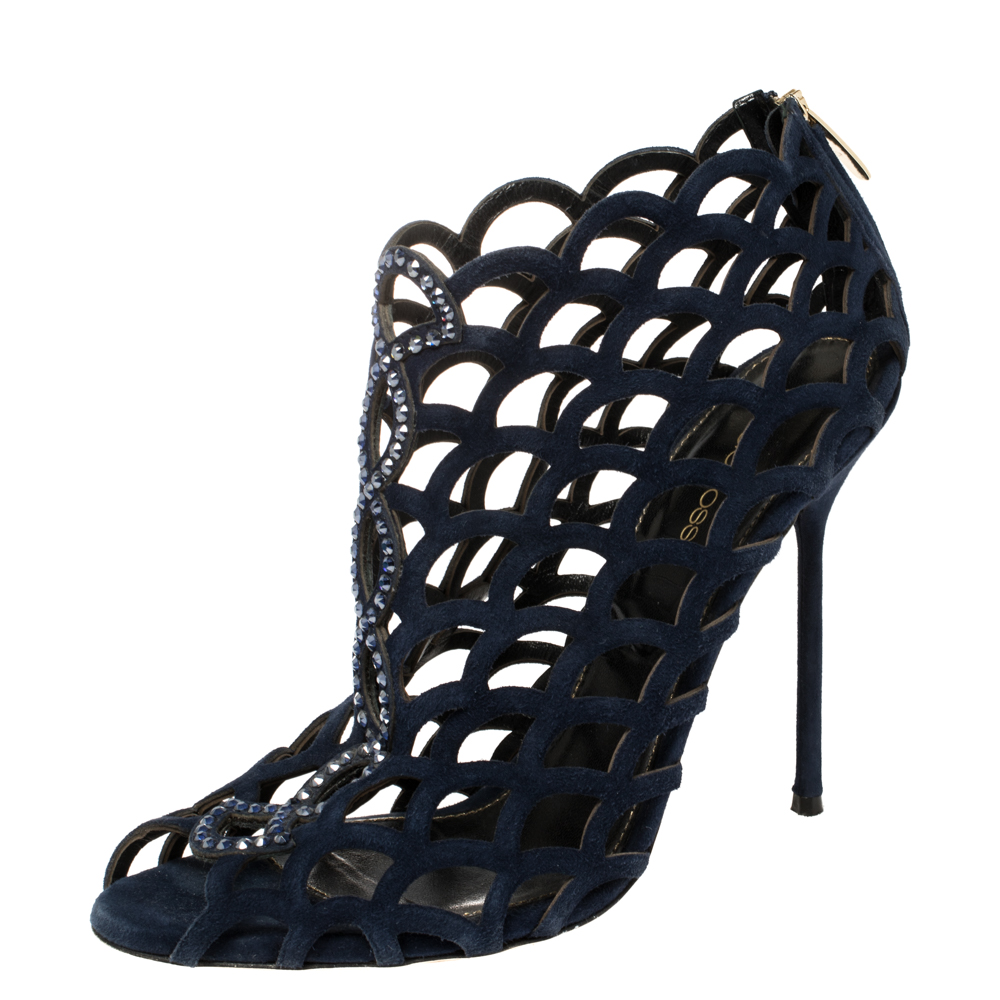 Sergio rossi blue suede crystal embellished scalloped peep toe caged booties size 39