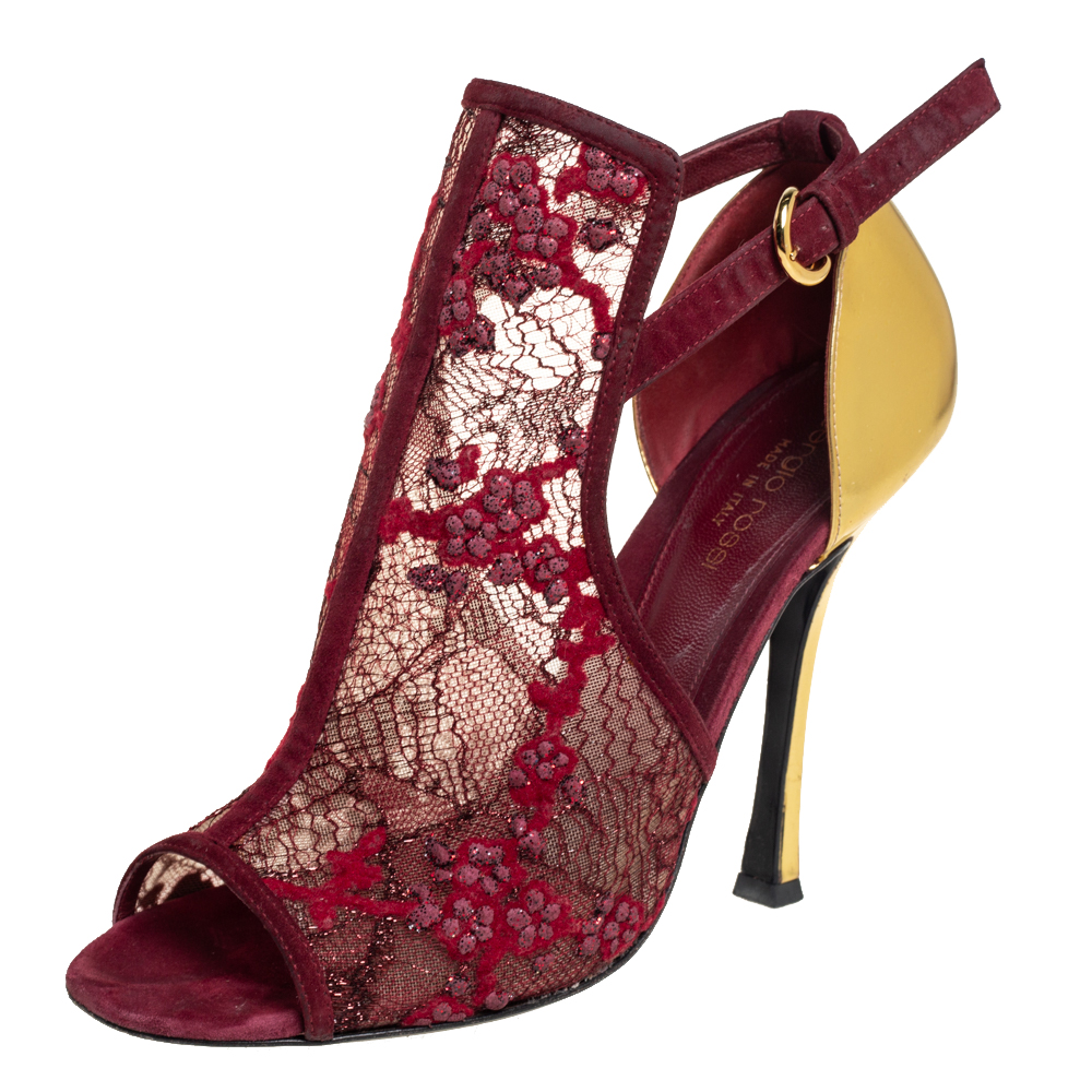 Sergio Rossi Burgundy/Gold Lace And Leather Ankle Boots Size 39