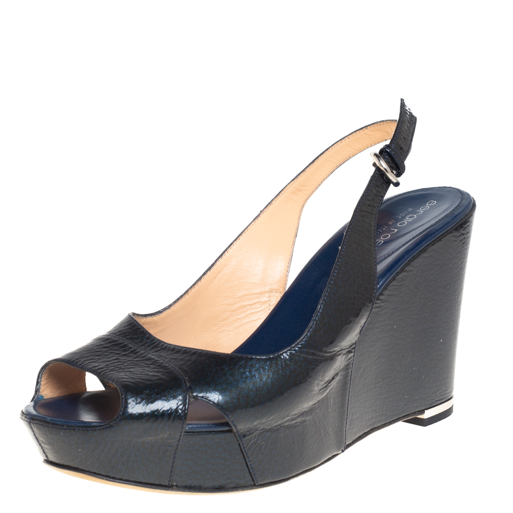 Sergio Rossi Dark Blue Patent Leather Wedge Platform Slingback Sandals Size 39.5