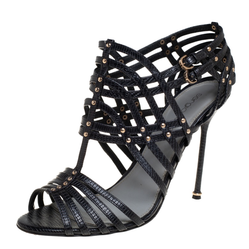 Sergio Rossi Black Studded Strappy Leather Open Toe Sandals Size 38.5