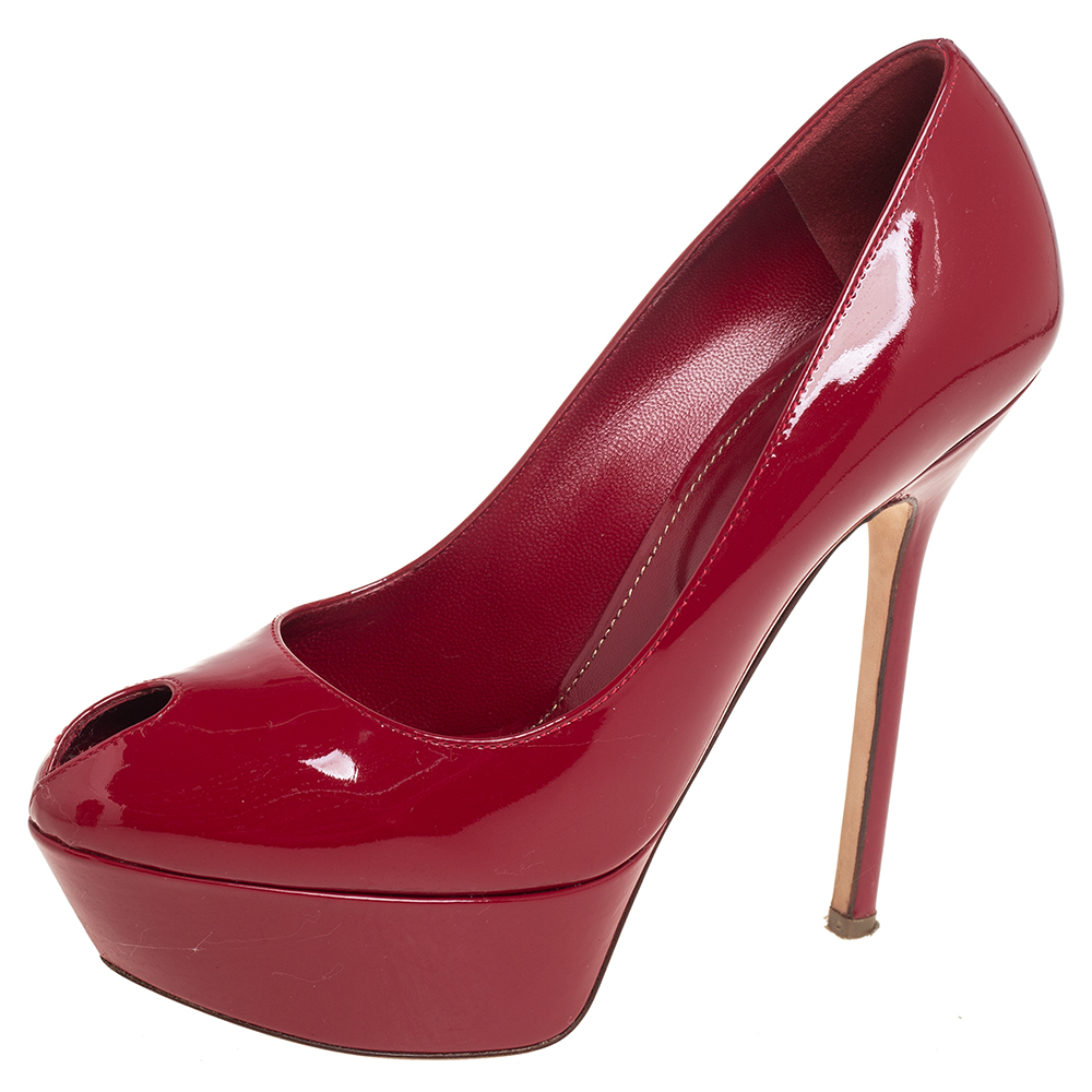 Sergio Rossi Red Patent Leather Peep Toe Platform Pump Size 36.5