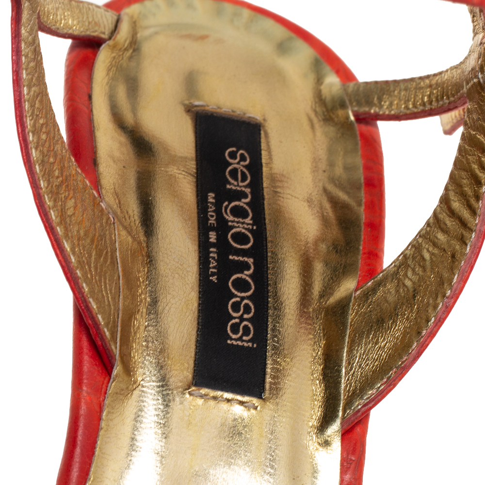 Sergio Rossi Orange Croc Embossed Leather Ankle Strap Sandals Size 37.5