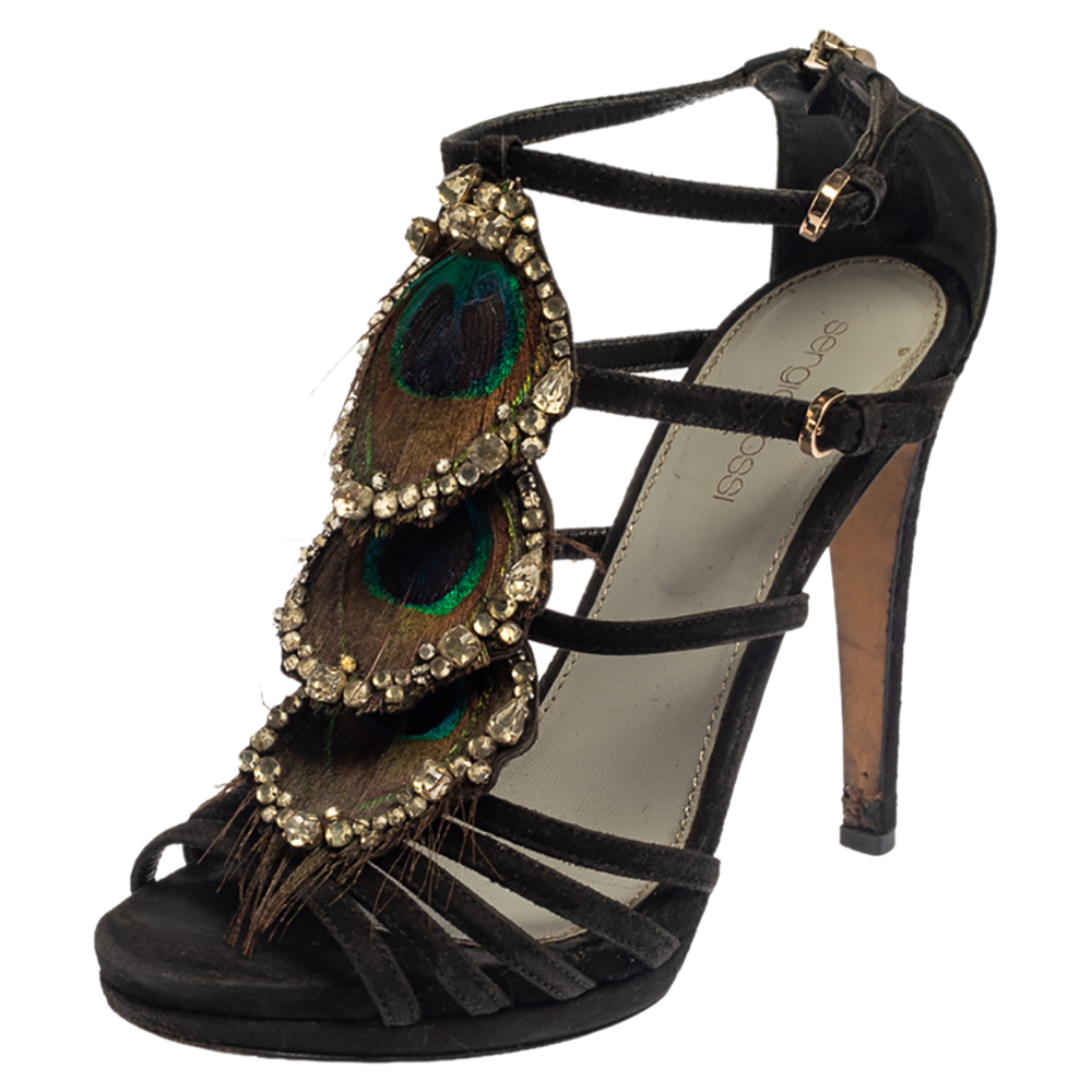 Sergio Rossi Black Suede Crystal And Peacock Embellished Platform Sandals Size 36