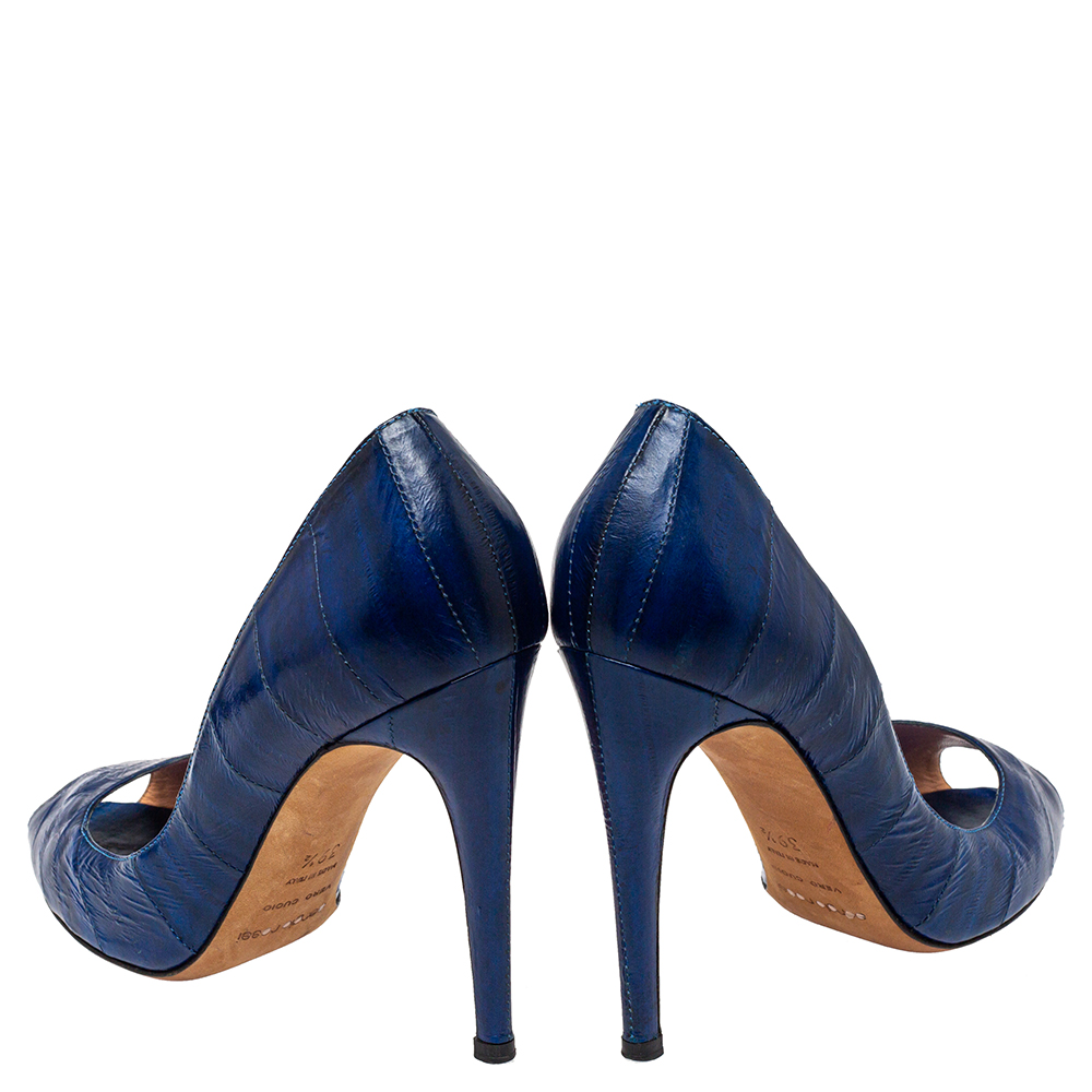 Sergio Rossi Blue Eel Leather Peep Toe Pumps Size 39.5