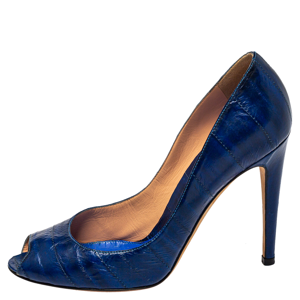 Sergio Rossi Blue Eel Leather Peep Toe Pumps Size 39.5