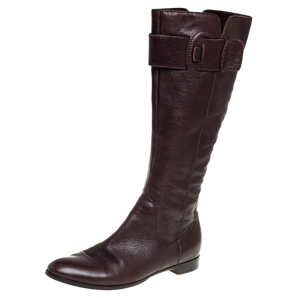 Sergio Rossi Brown Leather Bucke Embellished Mid Calf Boots Size 39.5
