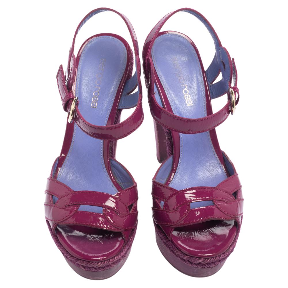 Sergio Rossi Purple Patent Leather Wooden Platform And Heel Ankle Strap Sandals Size 36
