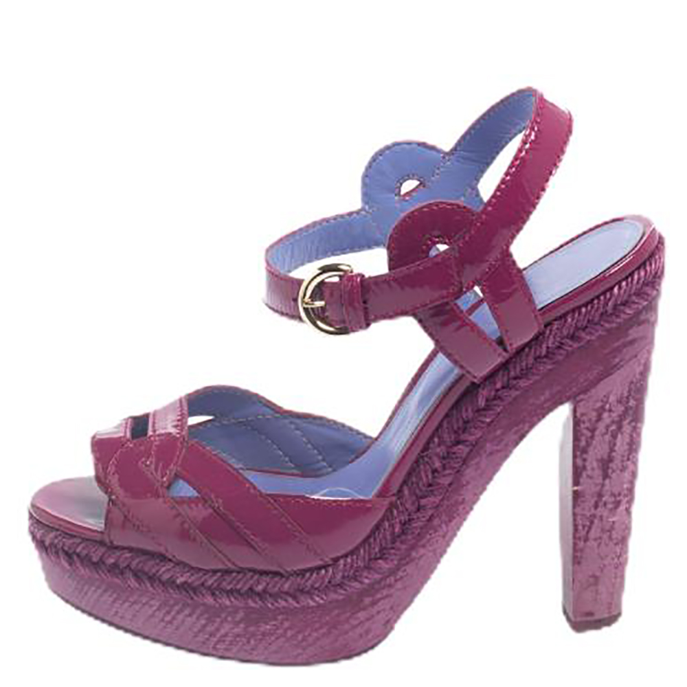 Sergio Rossi Purple Patent Leather Wooden Platform And Heel Ankle Strap Sandals Size 36